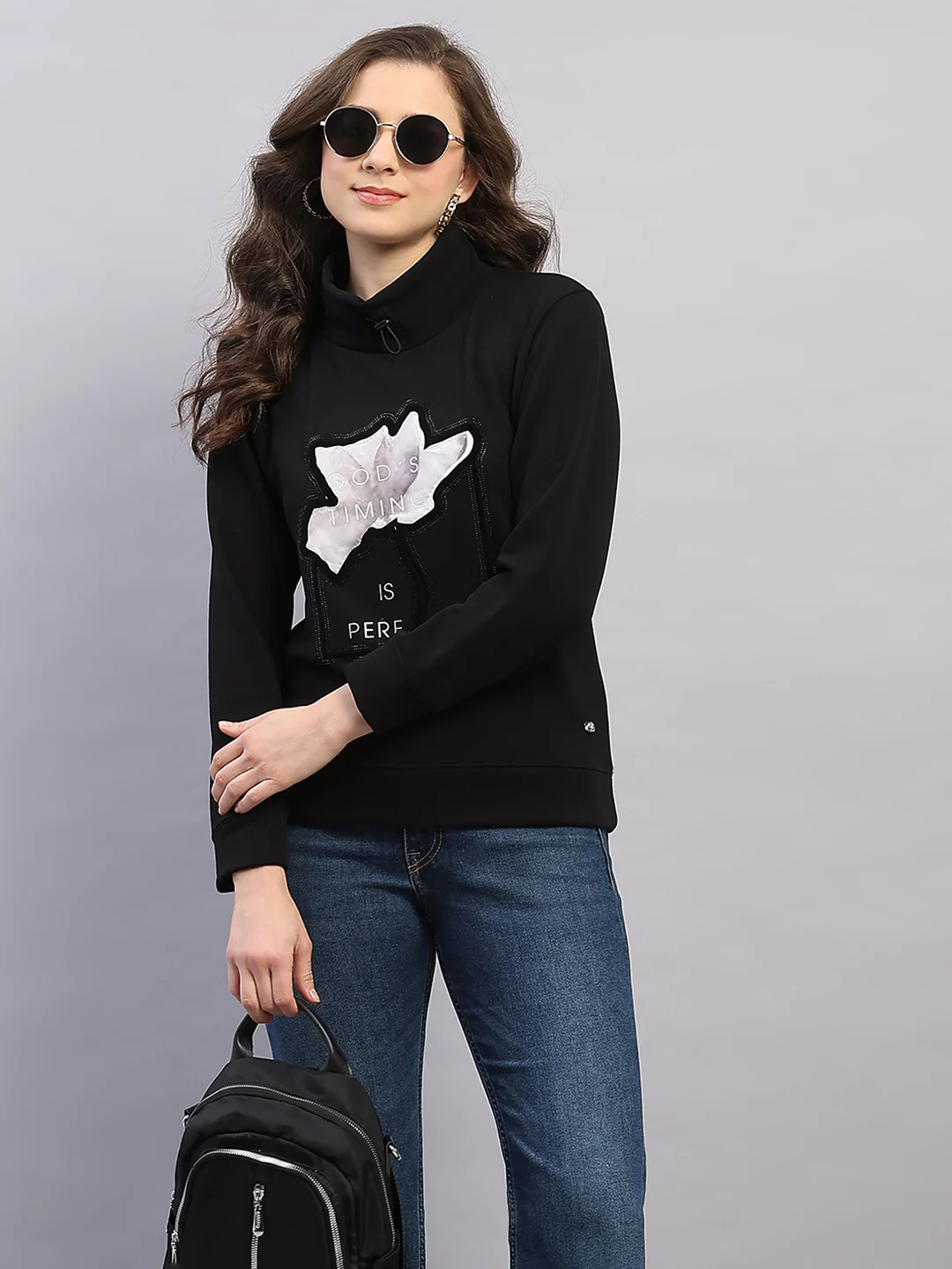 Women Black Printed High Neck Full Sleeve Sweatshirt - Image 6