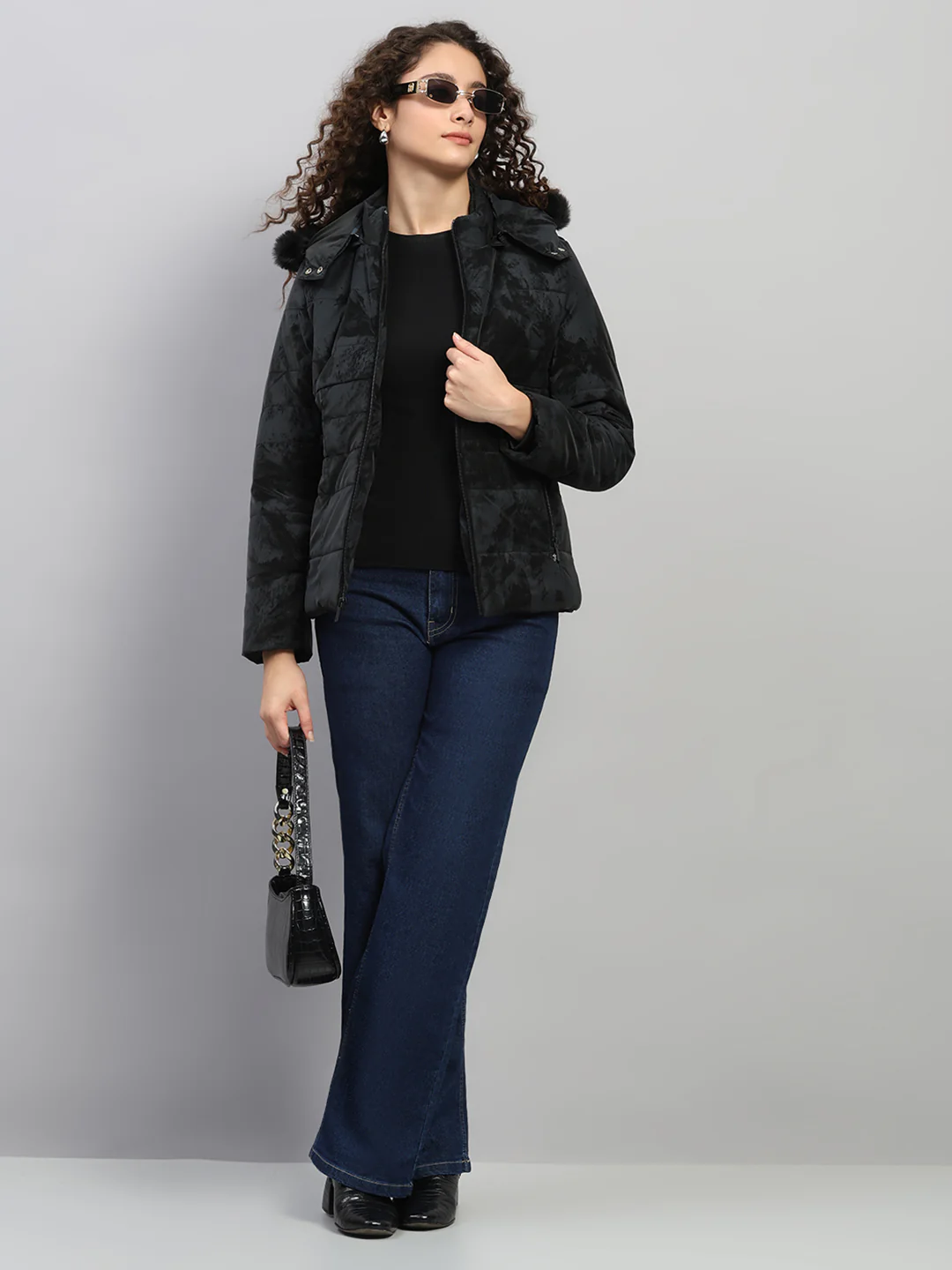 Women Black Printed Hooded Full Sleeve Jacket - Image 2