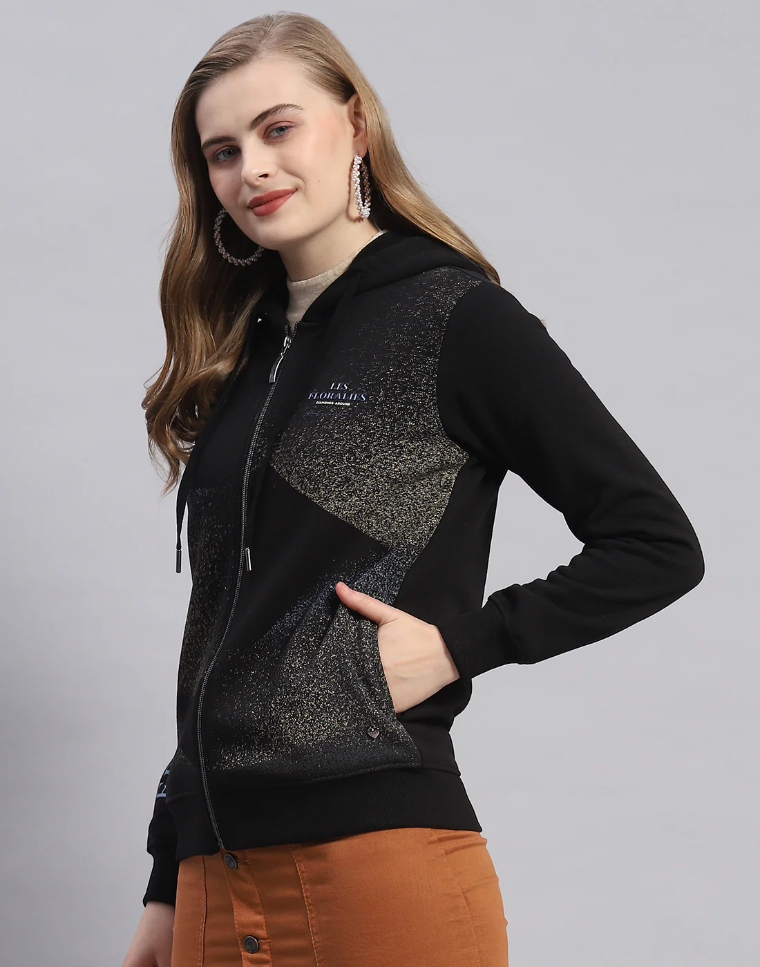 Women Black Printed Hooded Full Sleeve Sweatshirt - Image 3