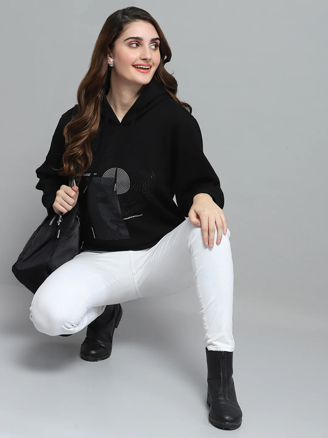 Women Black Printed Hooded Full Sleeve Sweatshirt - Image 2
