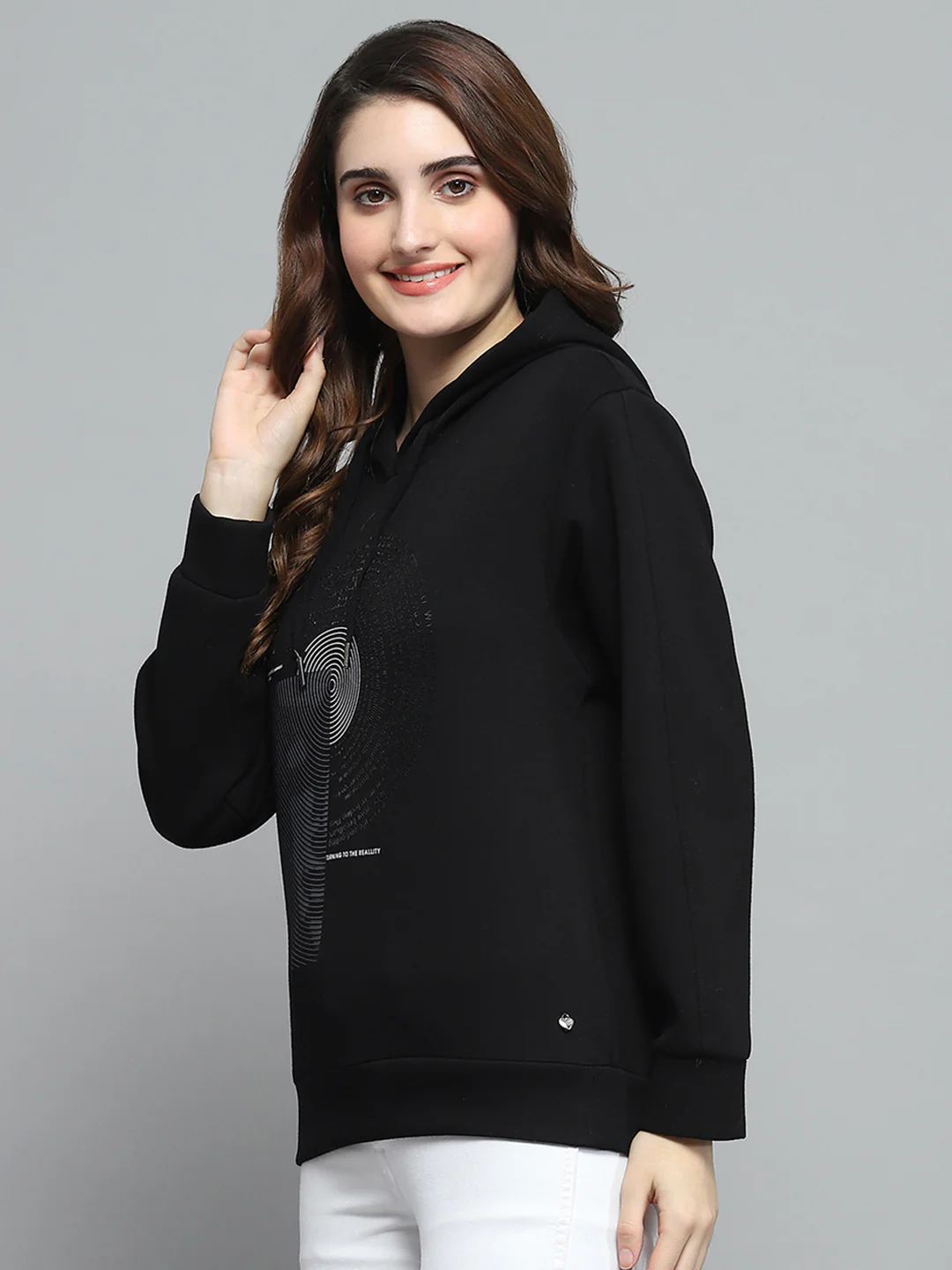 Women Black Printed Hooded Full Sleeve Sweatshirt - Image 3