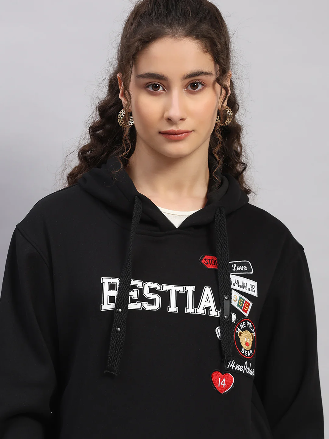 Women Black Printed Hooded Full Sleeve Sweatshirt - Image 7