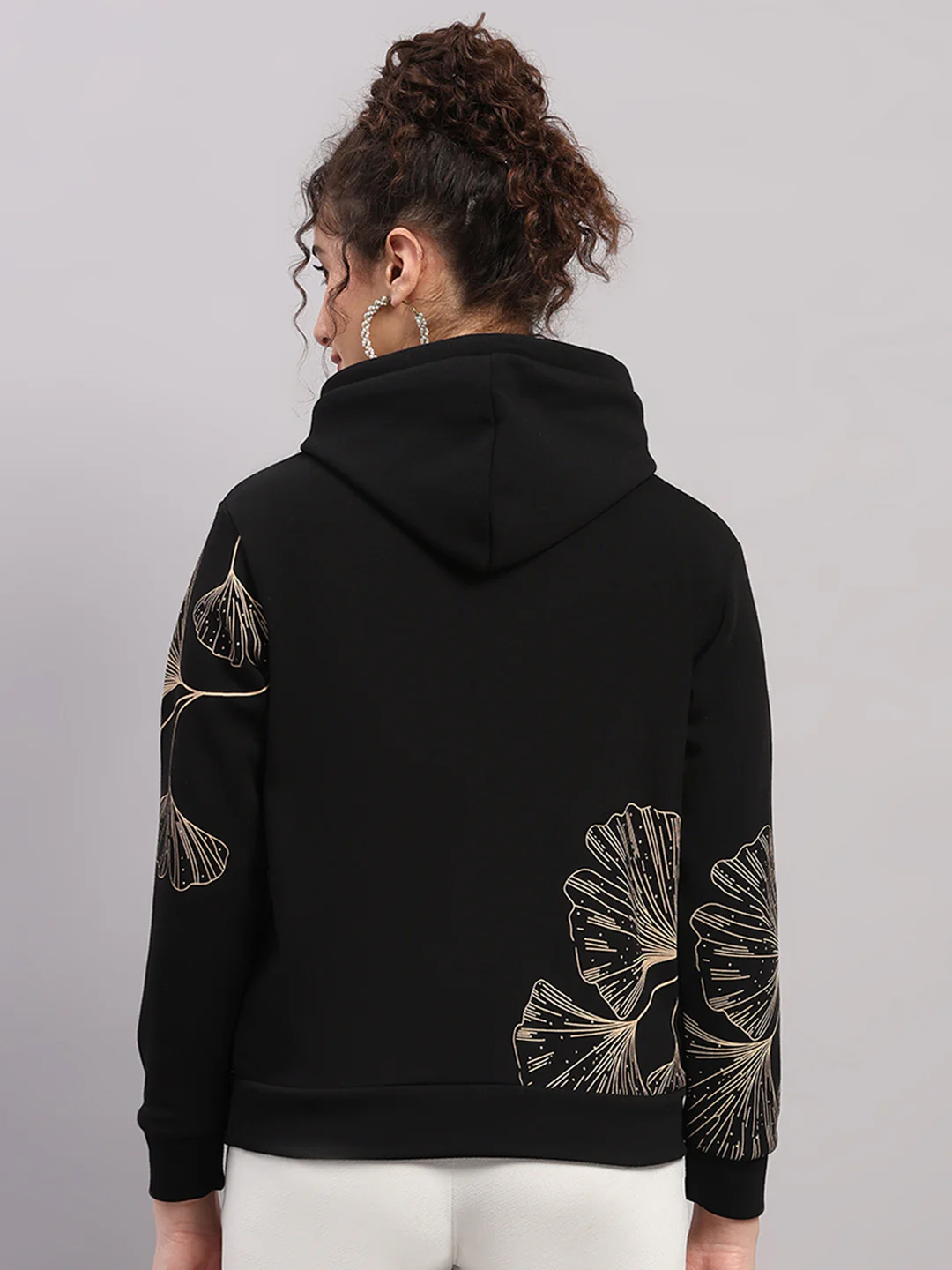 Women Black Printed Hooded Full Sleeve Sweatshirt - Image 5
