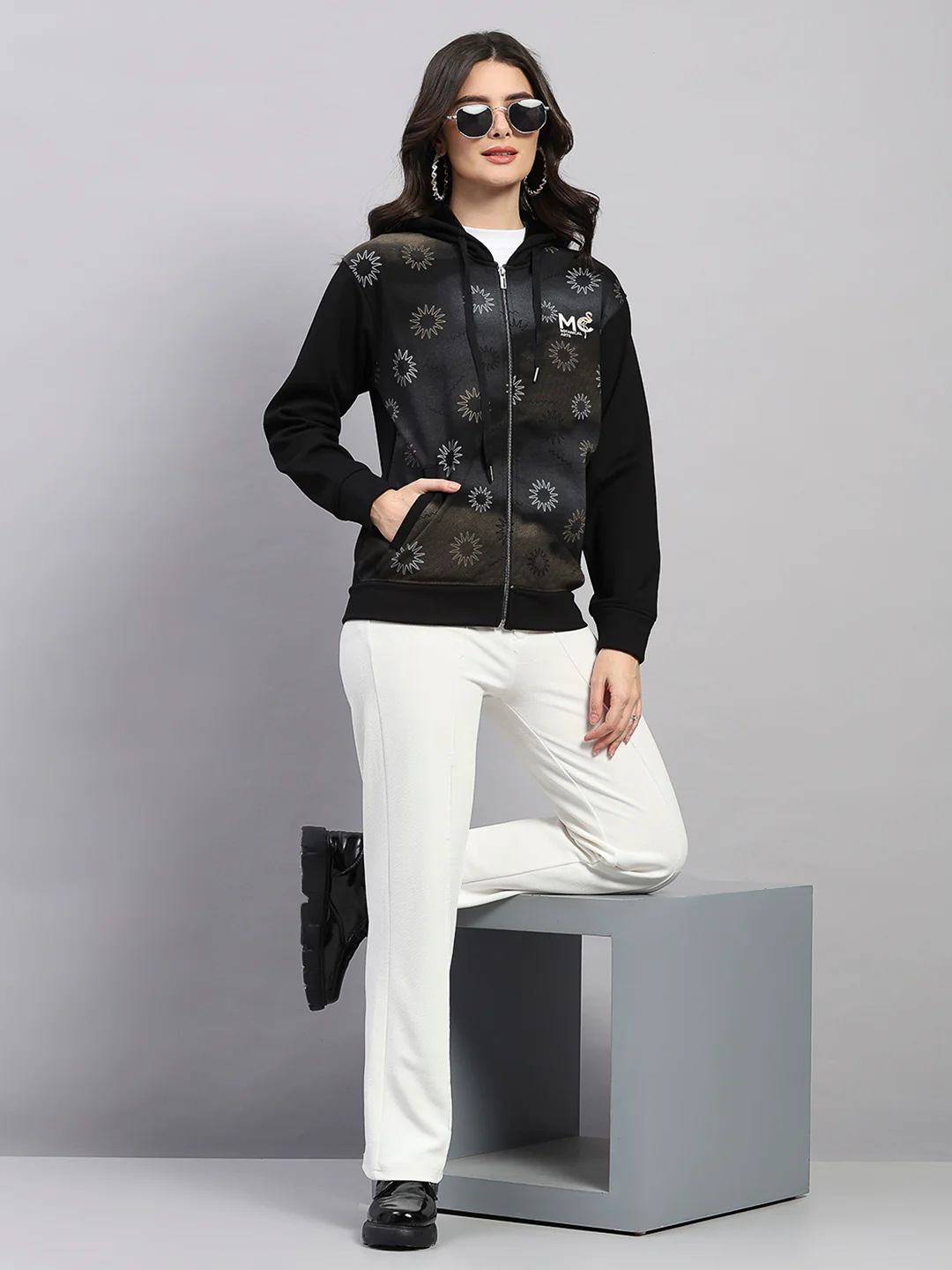 Women Black Printed Hooded Full Sleeve Sweatshirt - Image 2