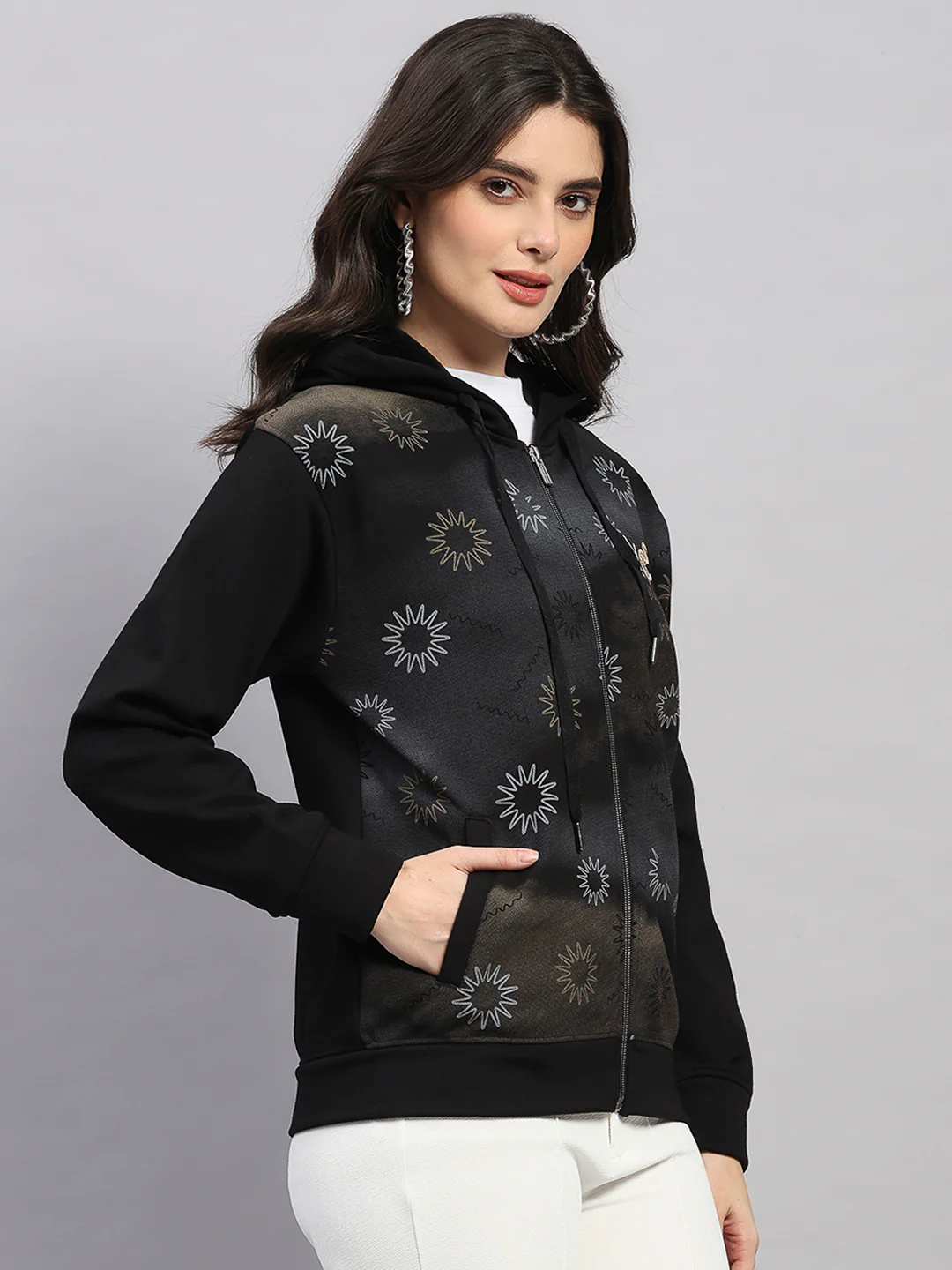 Women Black Printed Hooded Full Sleeve Sweatshirt - Image 4