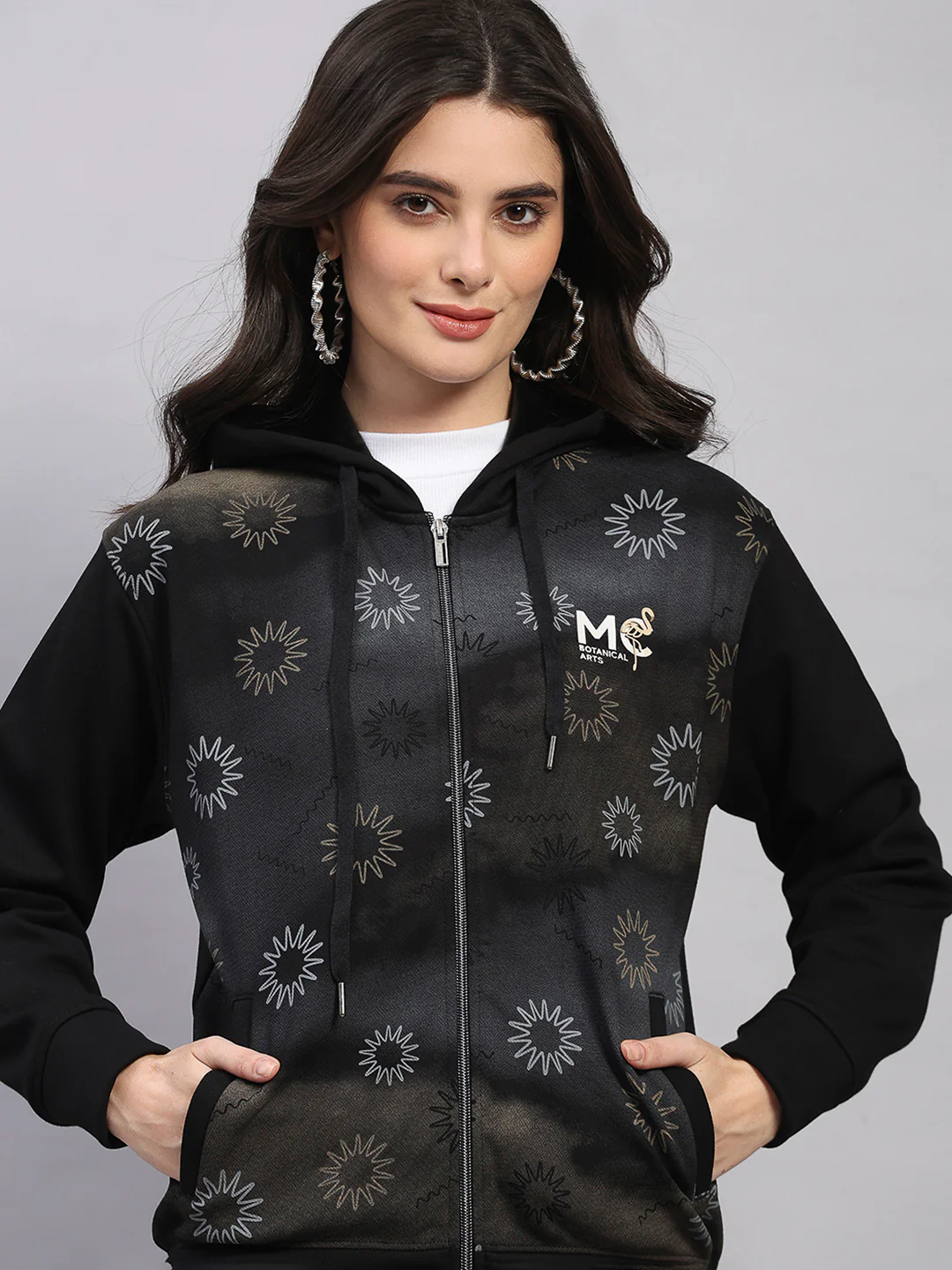Women Black Printed Hooded Full Sleeve Sweatshirt - Image 7
