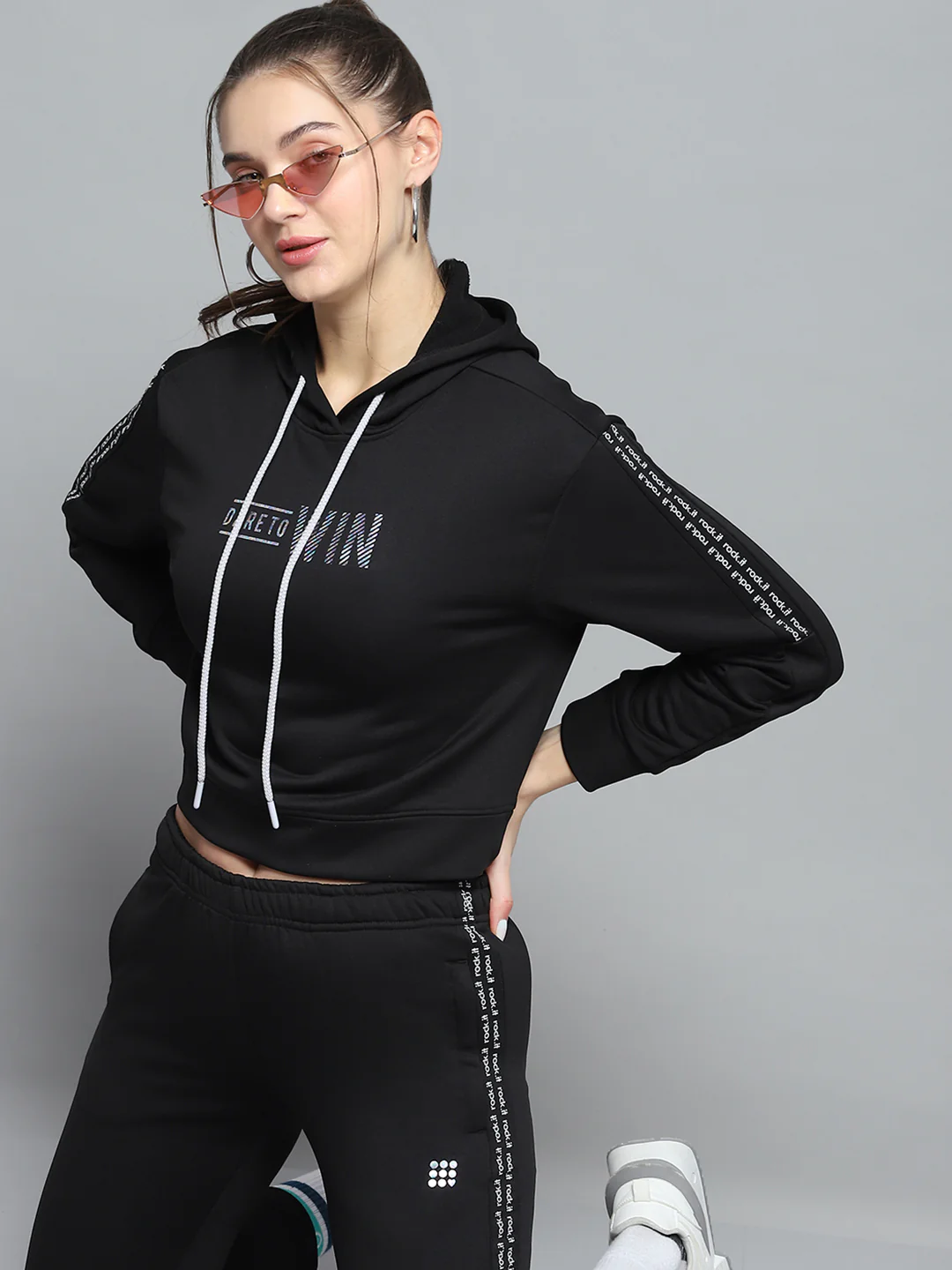 Rock.it Women Black Printed Hooded Full Sleeve Tracksuit - Image 6