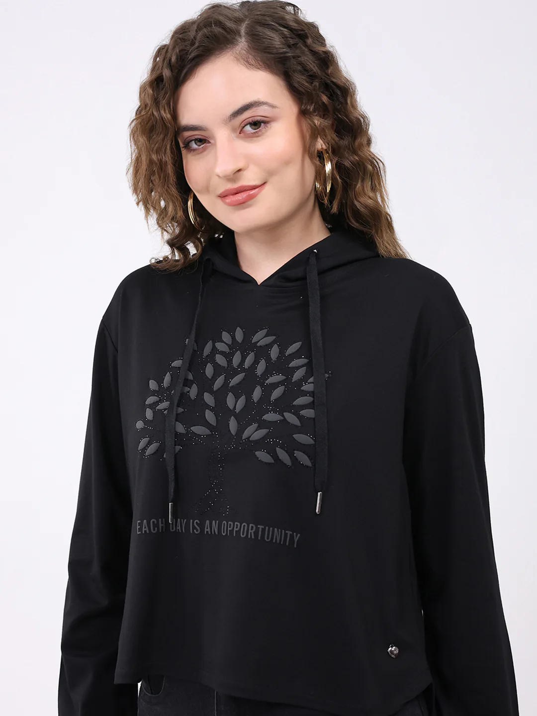 Women Black Printed Hooded Full Sleeve Winter Top - Image 6