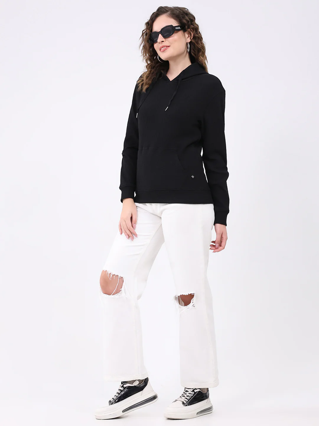 Women Black Printed Hooded Full Sleeve Winter Top - Image 2