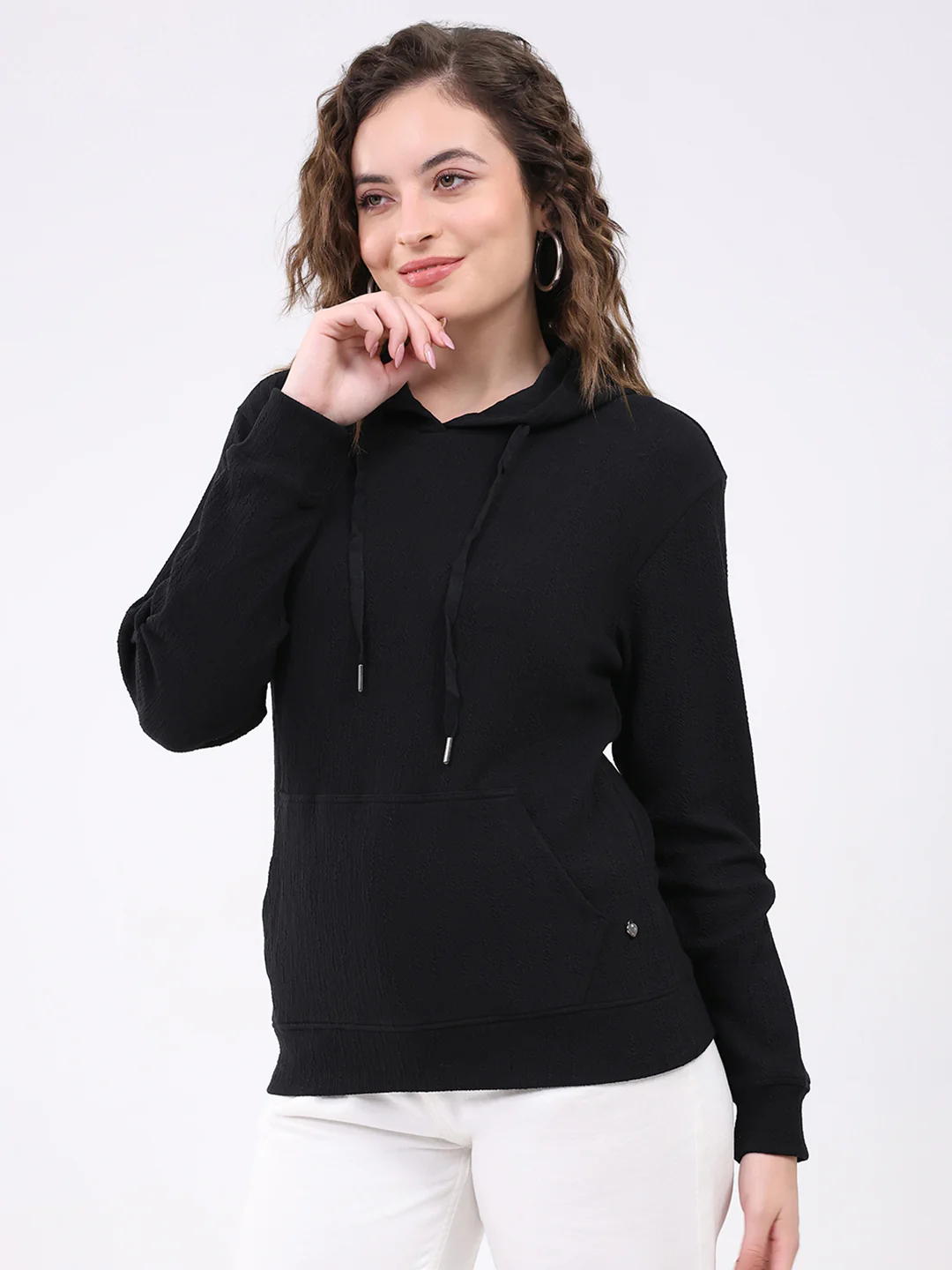 Women Black Printed Hooded Full Sleeve Winter Top - Image 3