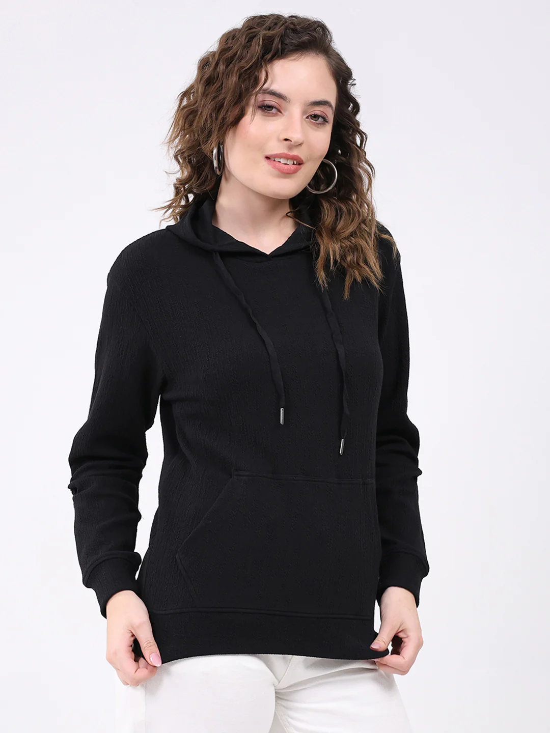 Women Black Printed Hooded Full Sleeve Winter Top - Image 4