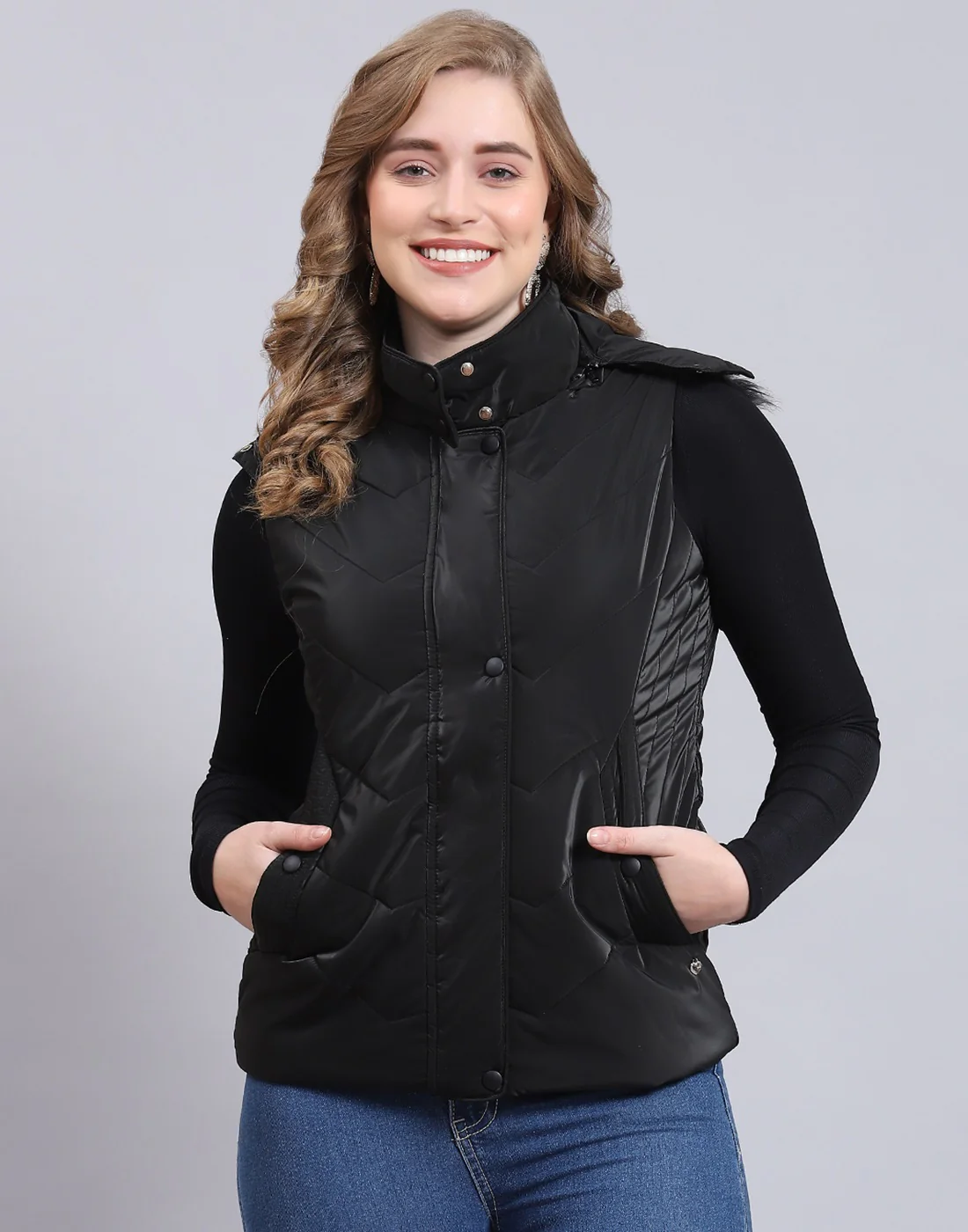Women Black Printed Hooded Sleeveless Jacket - Image 3