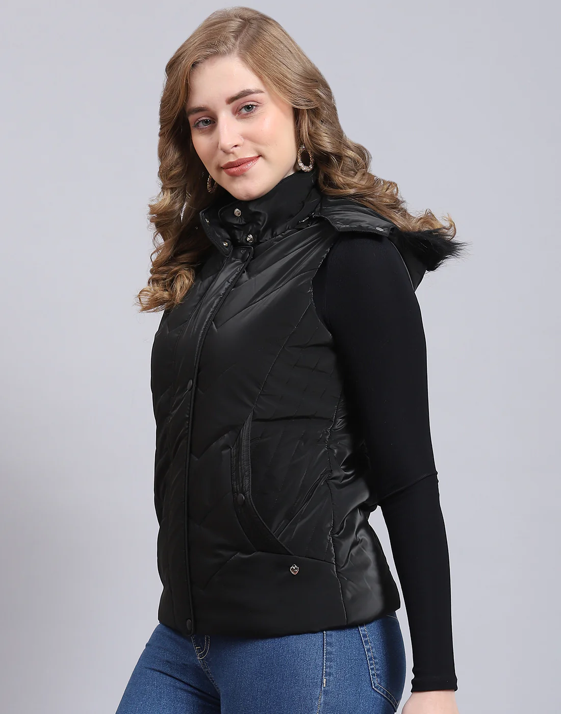 Women Black Printed Hooded Sleeveless Jacket - Image 4