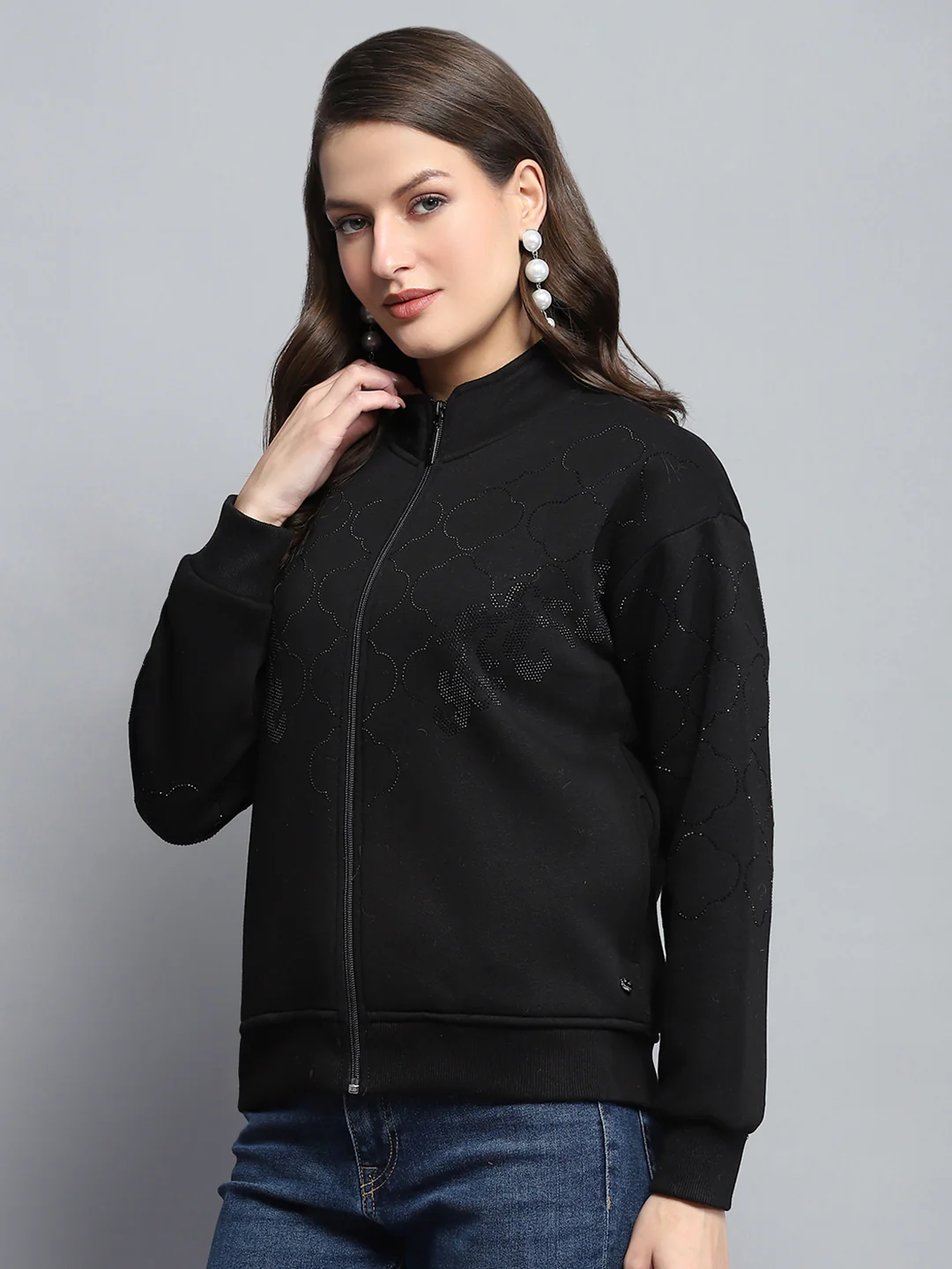 Women Black Printed Mock Neck Full Sleeve Sweatshirt - Image 3