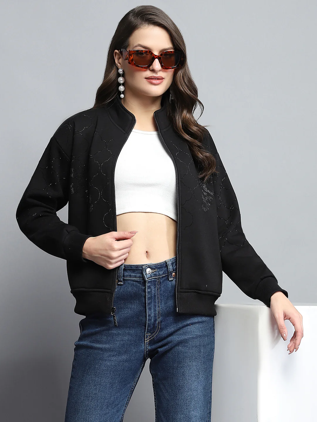 Women Black Printed Mock Neck Full Sleeve Sweatshirt - Image 6