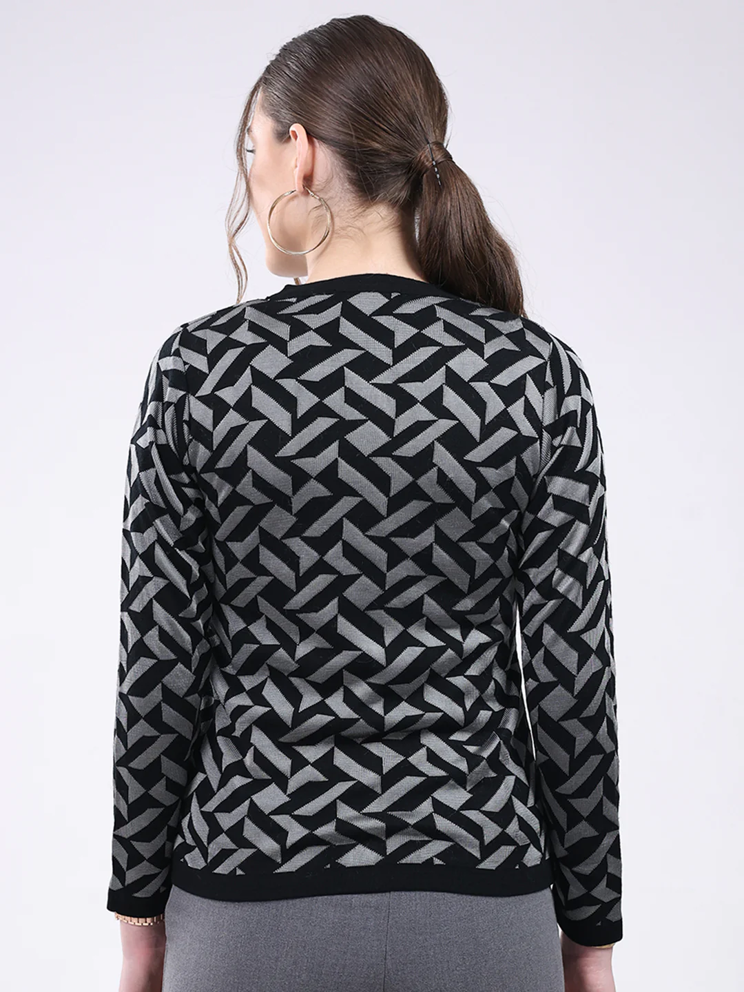 Women Black Printed Round Neck Full Sleeve Cardigan - Image 5