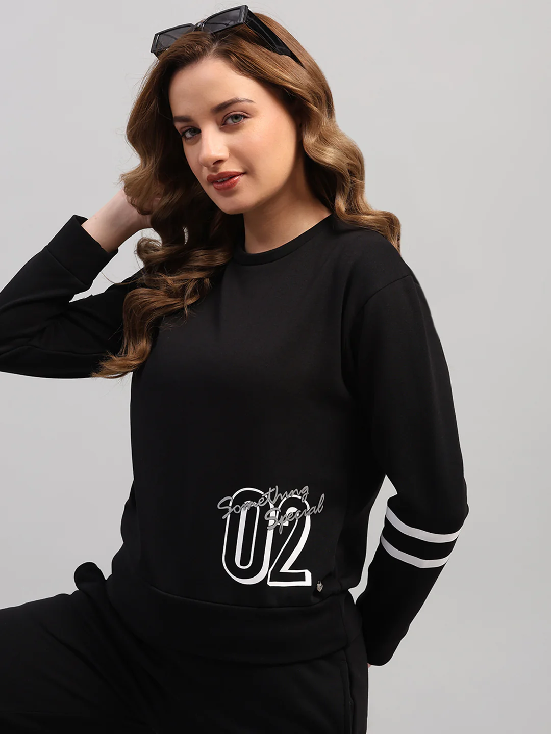 Women Black Printed Round Neck Full Sleeve Cords Set - Image 2