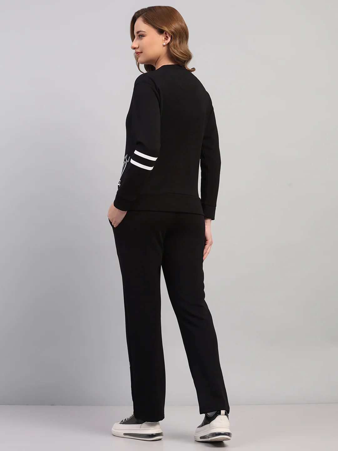 Women Black Printed Round Neck Full Sleeve Cords Set - Image 3