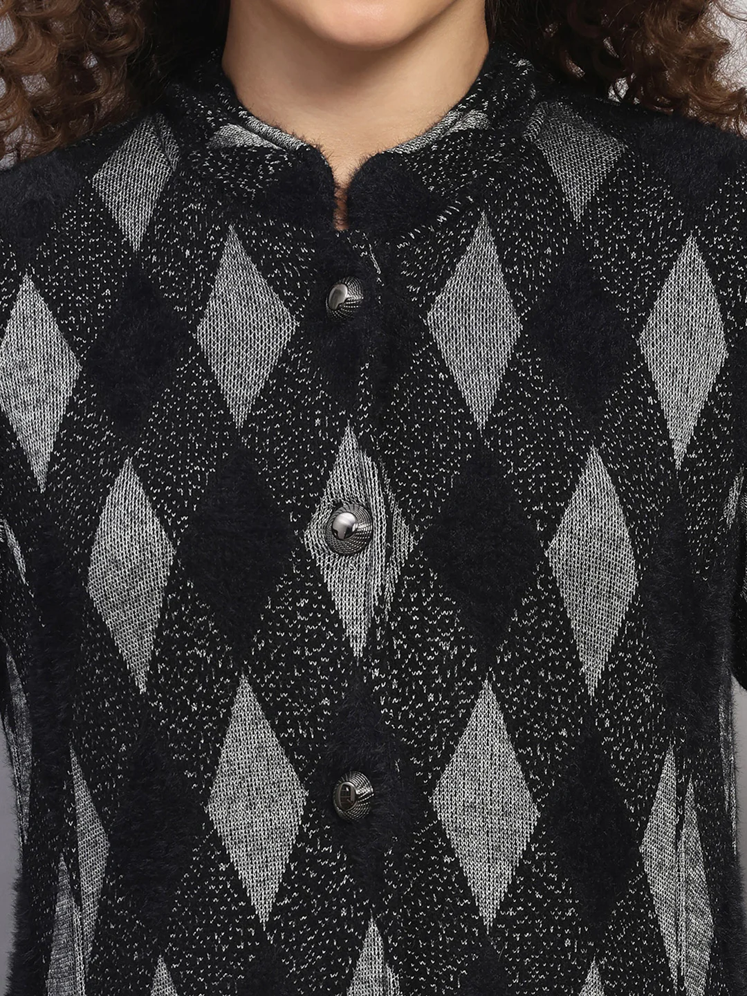 Women Black Printed Round Neck Full Sleeve Knitted Coat - Image 6