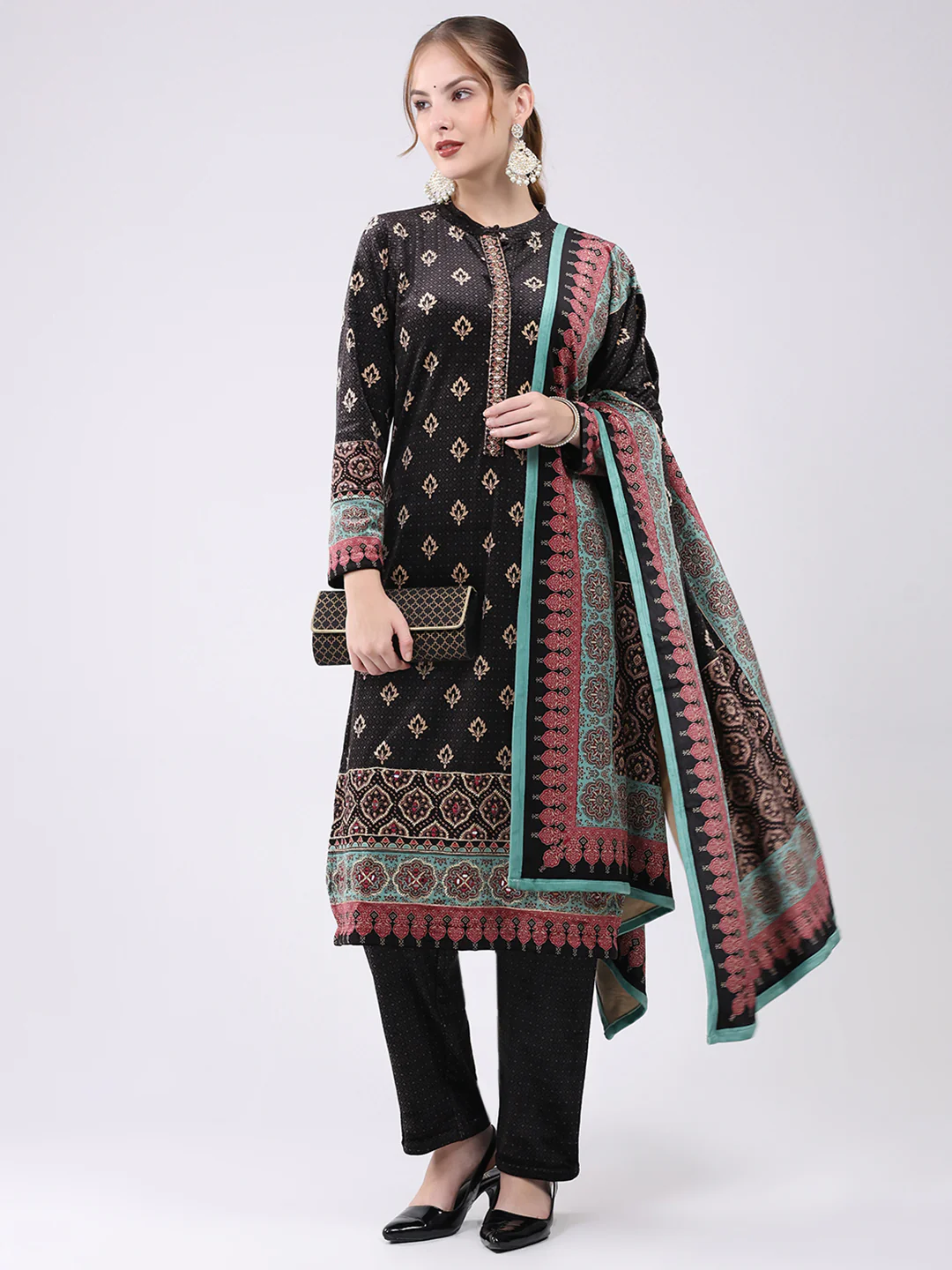 Women Black Printed Round Neck Full Sleeve Kurti Set for Winter - Image 2