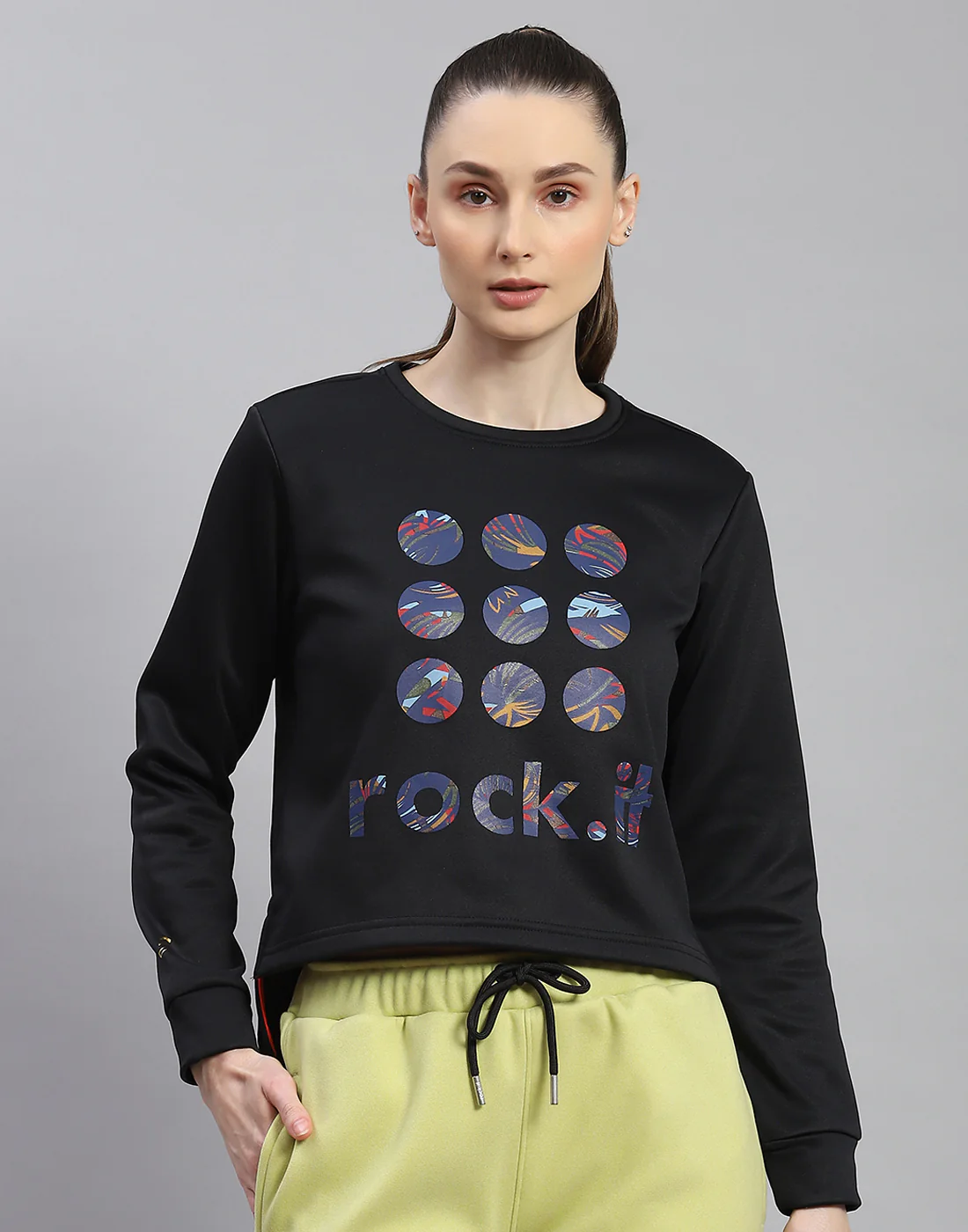Rock.it Women Black Printed Round Neck Full Sleeve Sweatshirt - Image 2
