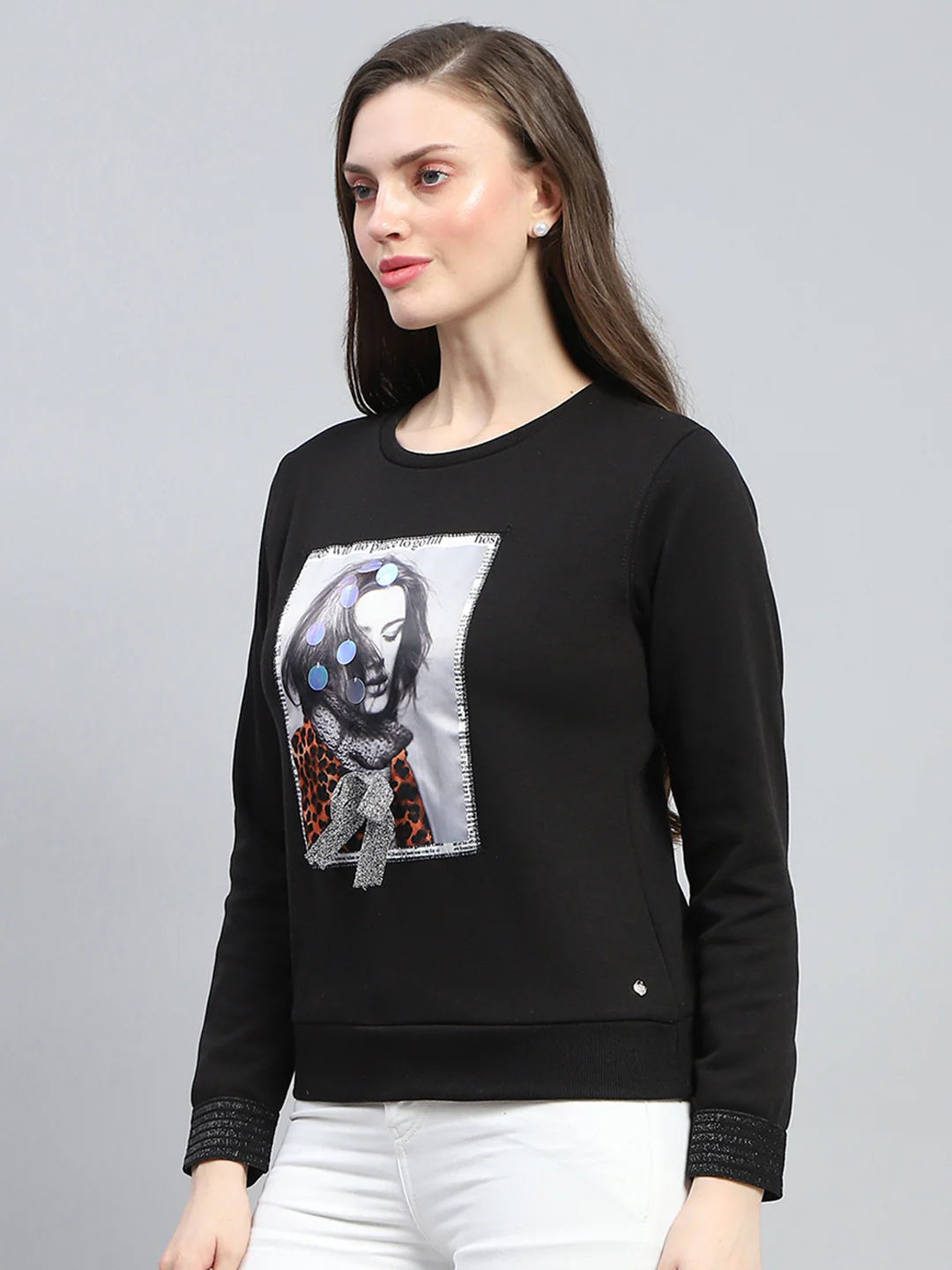 Women Black Printed Round Neck Full Sleeve Sweatshirt - Image 3