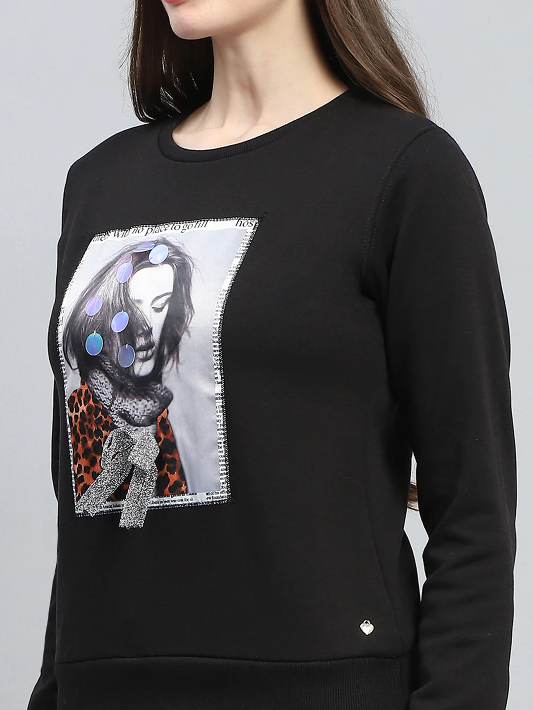 Women Black Printed Round Neck Full Sleeve Sweatshirt - Image 6