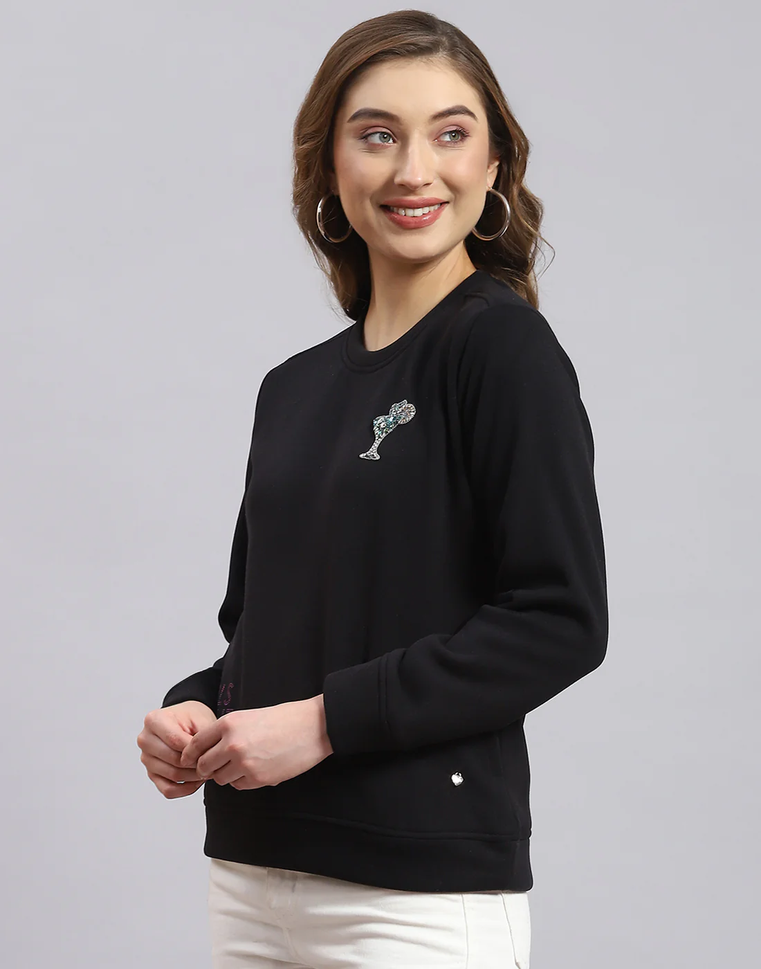 Women Black Printed Round Neck Full Sleeve Sweatshirt - Image 4