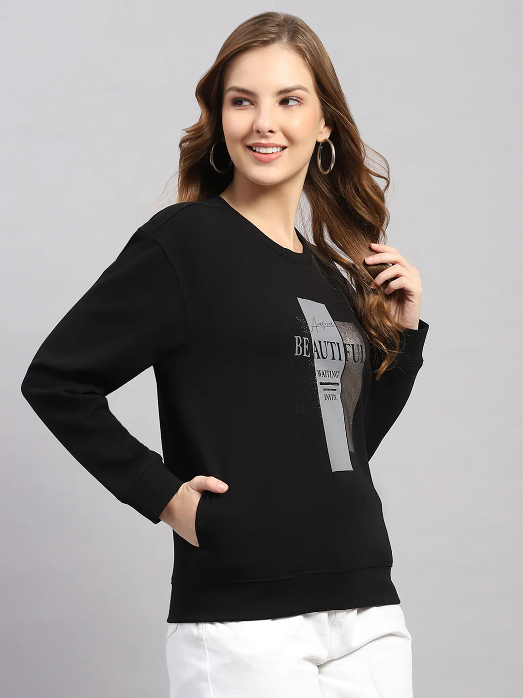 Women Black Printed Round Neck Full Sleeve Sweatshirt - Image 4