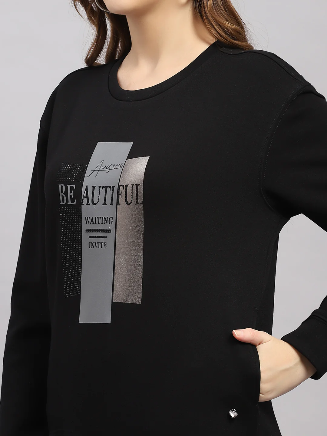 Women Black Printed Round Neck Full Sleeve Sweatshirt - Image 6