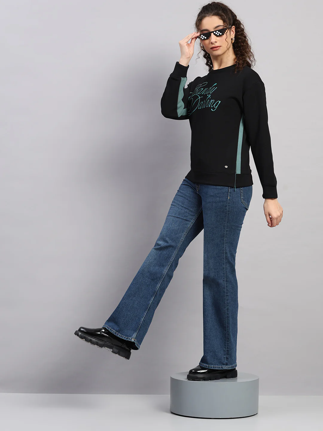 Women Black Printed Round Neck Full Sleeve Sweatshirt - Image 2