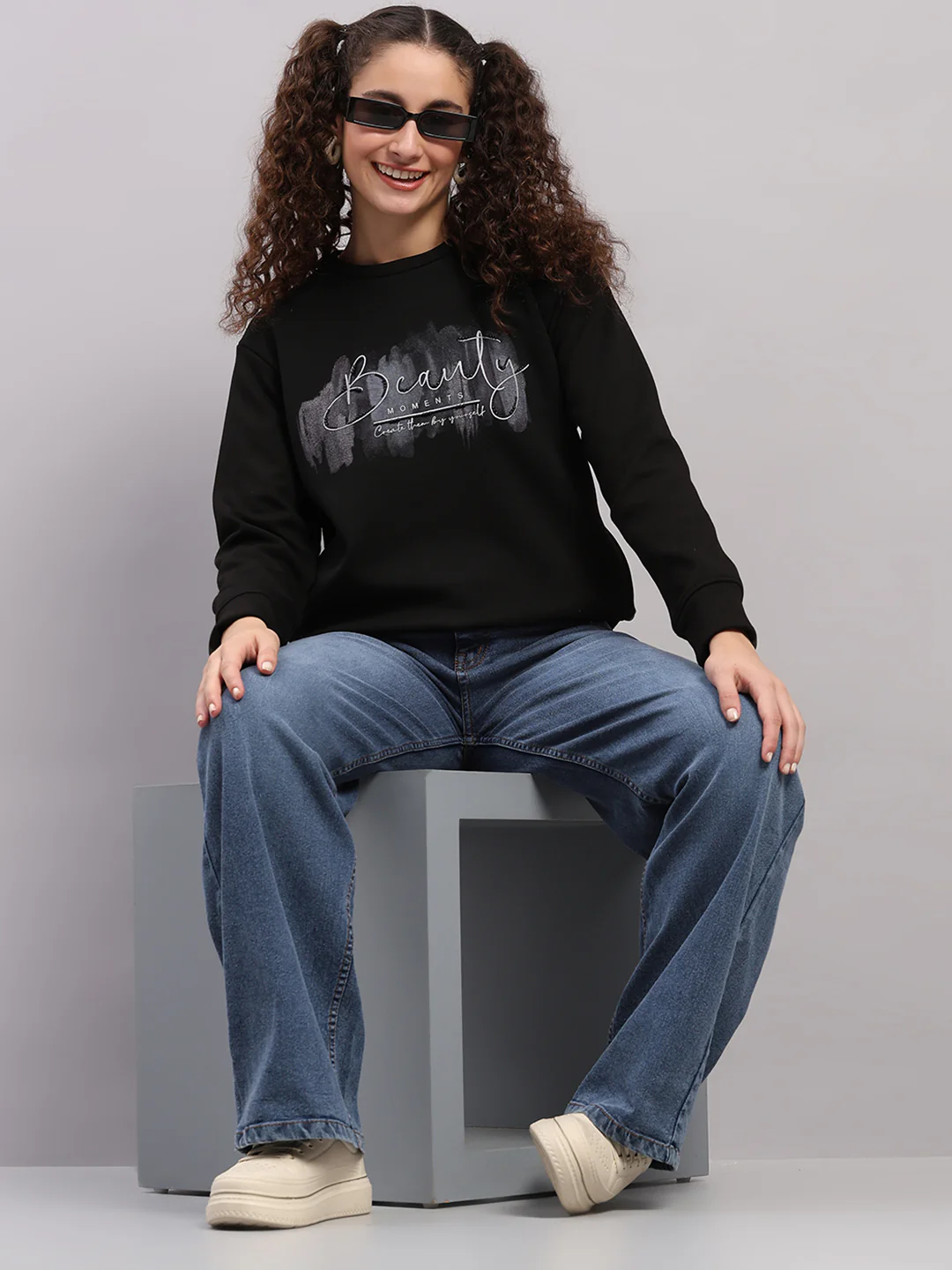 Women Black Printed Round Neck Full Sleeve Sweatshirt - Image 2