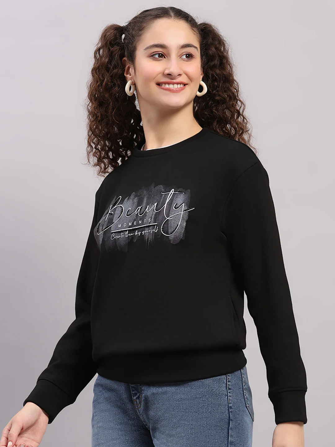 Women Black Printed Round Neck Full Sleeve Sweatshirt - Image 3
