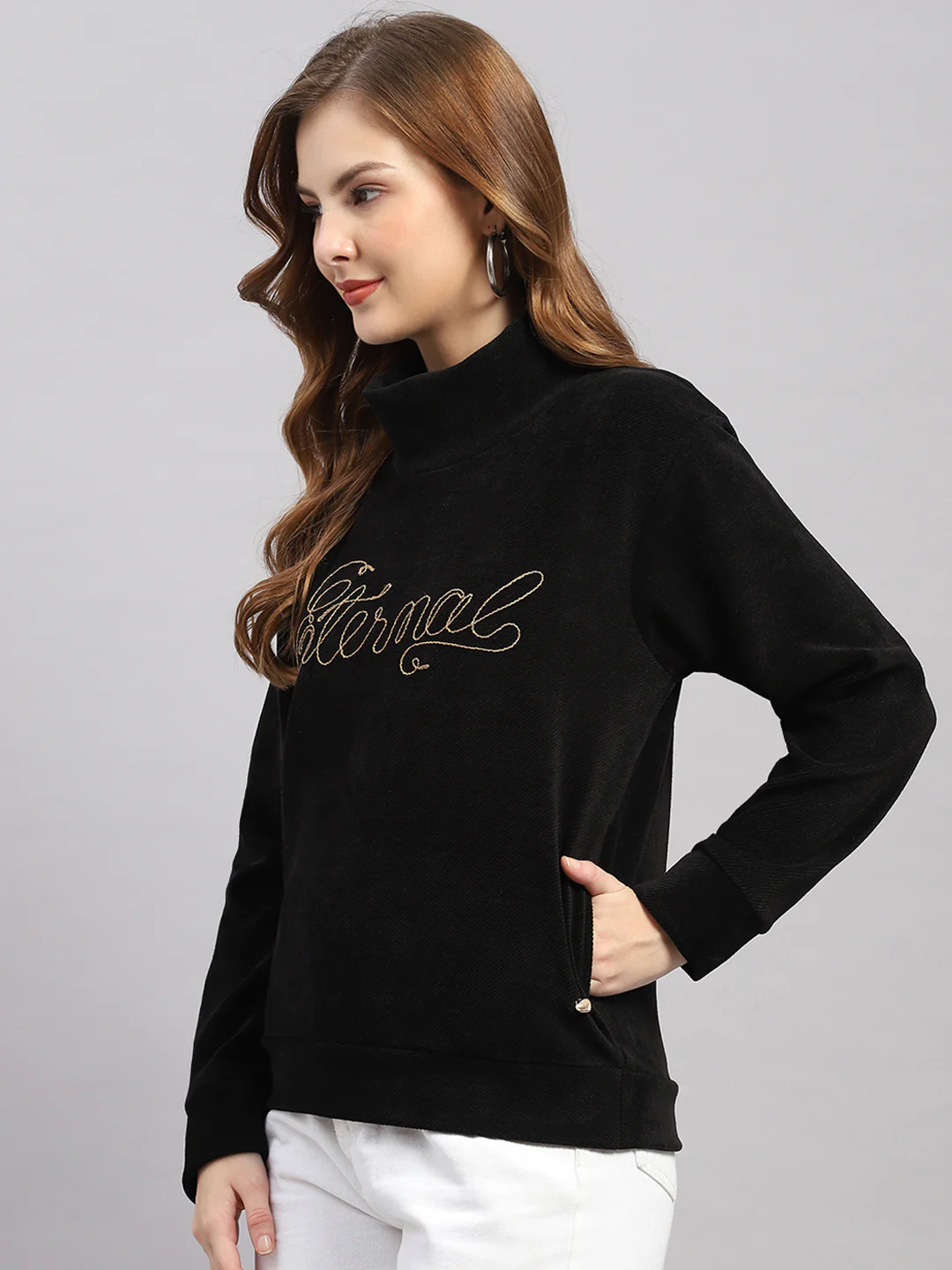 Women Black Printed Round Neck Full Sleeve Sweatshirt - Image 3