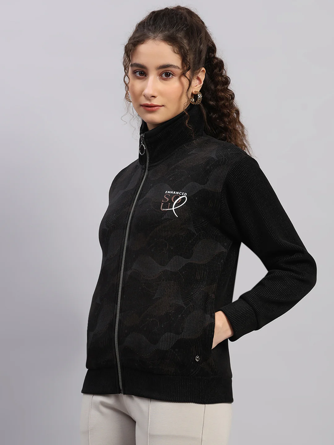 Women Black Printed Round Neck Full Sleeve Sweatshirt - Image 3
