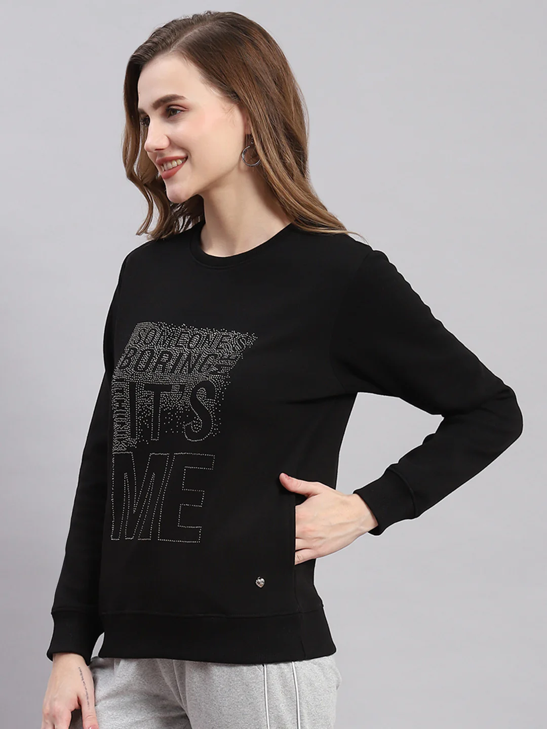 Women Black Printed Round Neck Full Sleeve Sweatshirts - Image 3