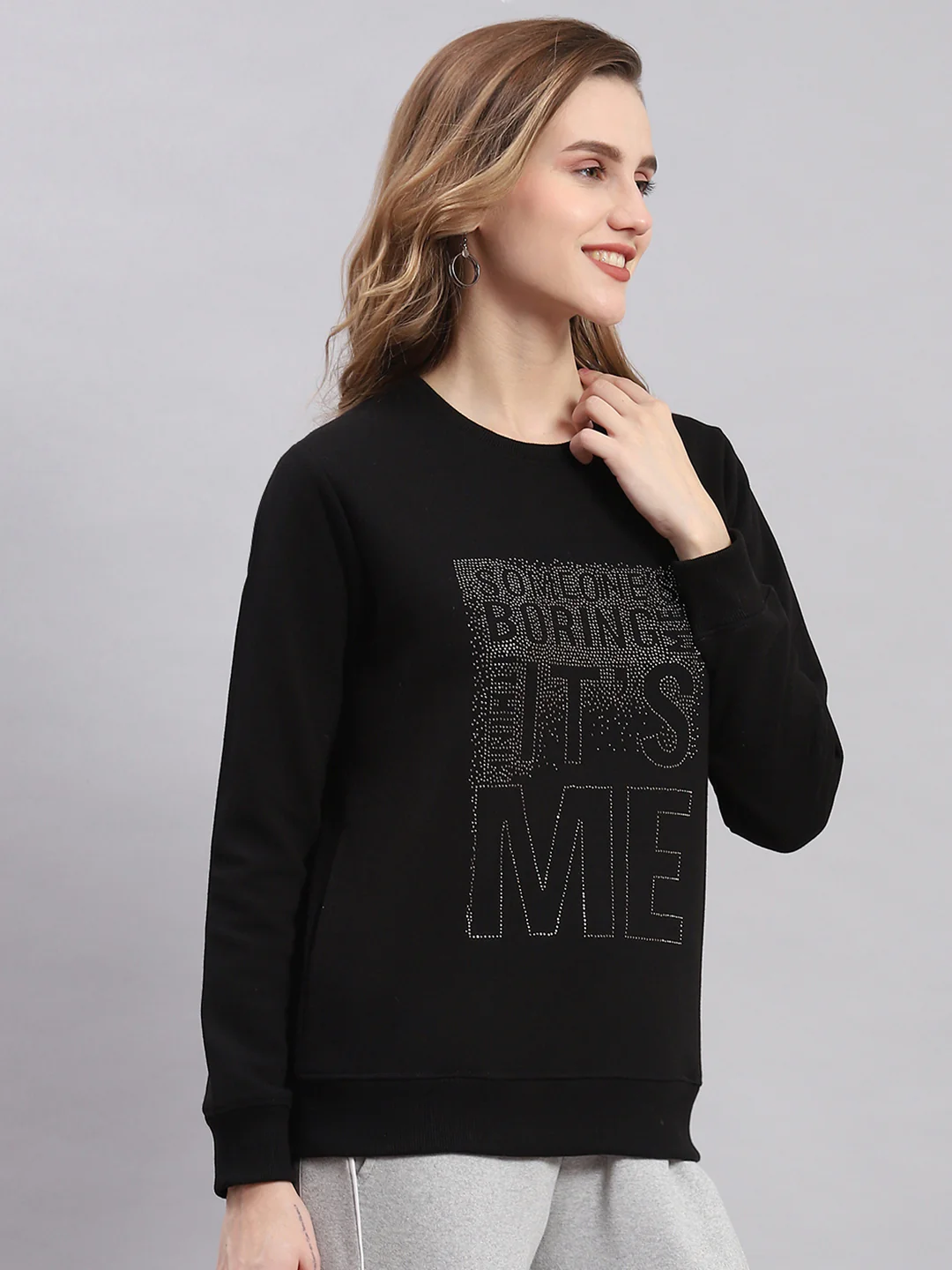 Women Black Printed Round Neck Full Sleeve Sweatshirts - Image 4