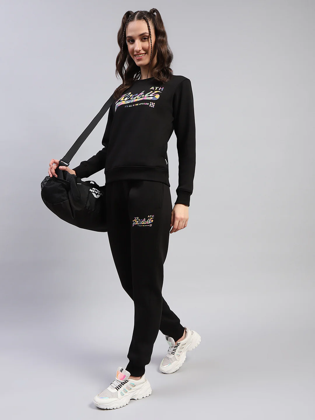 Rock.it Women Black Printed Round Neck Full Sleeve Cords Set - Image 2
