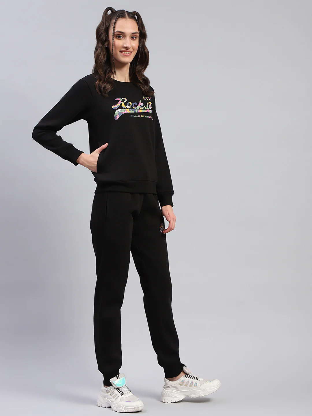 Rock.it Women Black Printed Round Neck Full Sleeve Cords Set - Image 4
