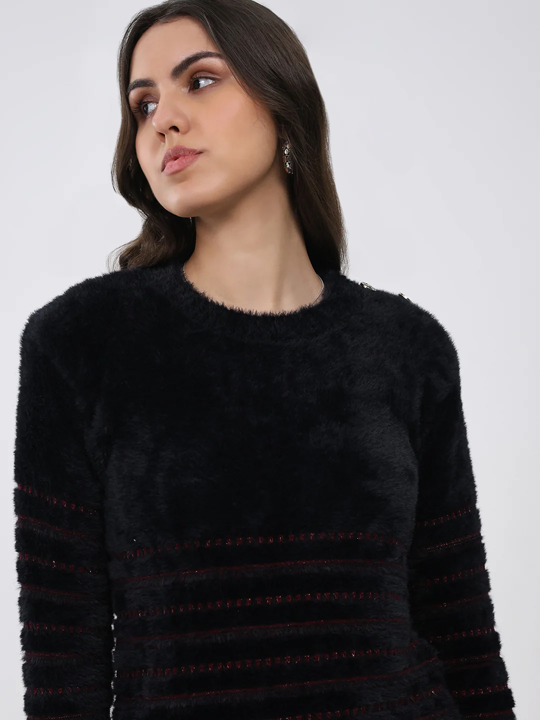 Women Black Printed Round Neck Full Sleeve Winter Top - Image 7