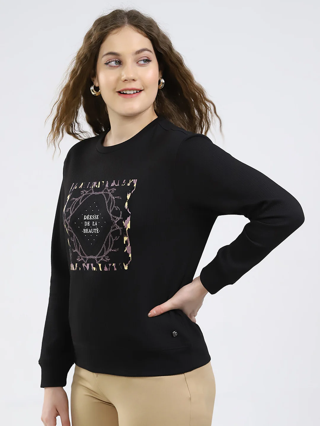 Women Black Printed Round Neck Full Sleeve Winter Top - Image 3