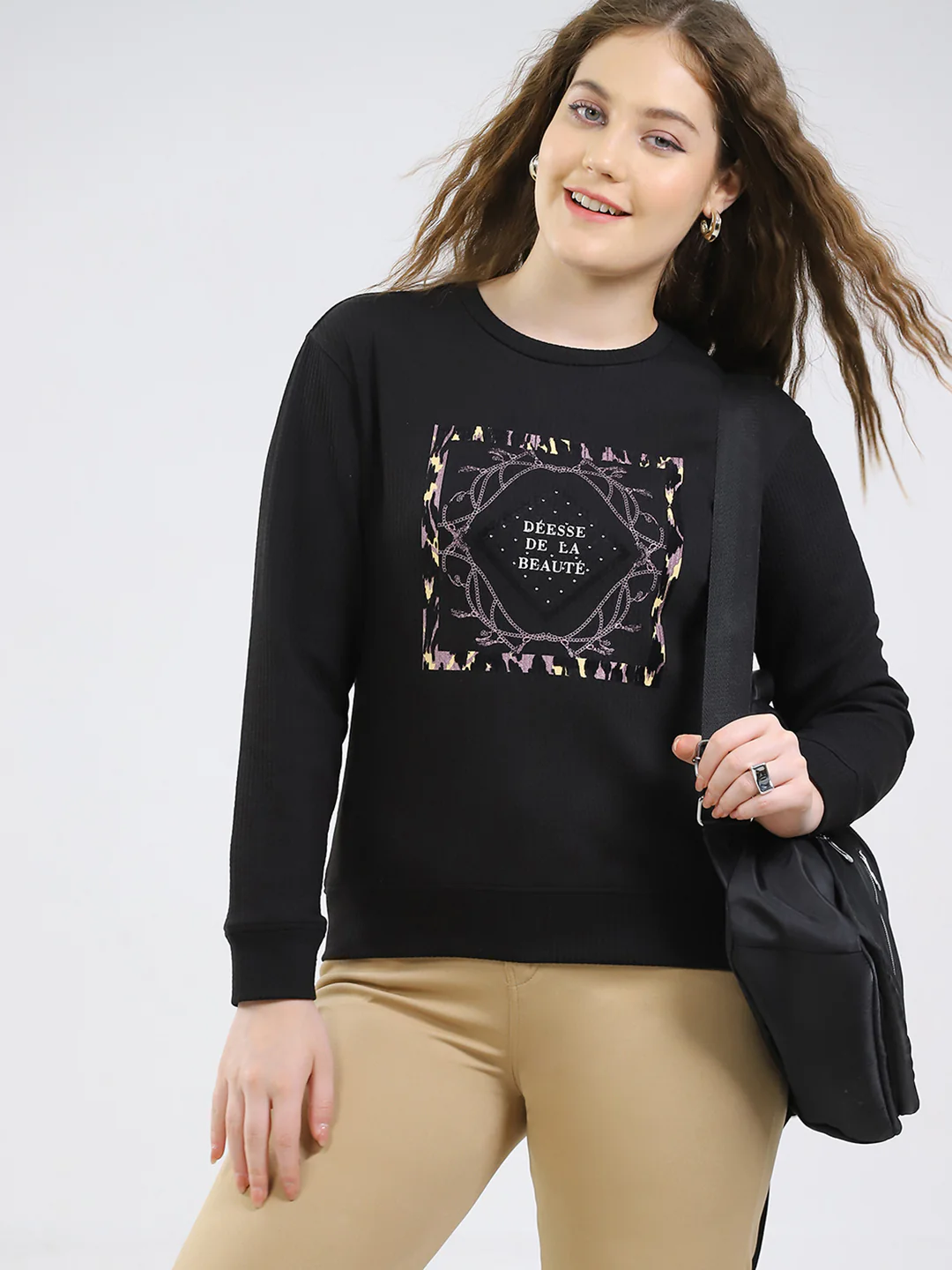 Women Black Printed Round Neck Full Sleeve Winter Top - Image 6