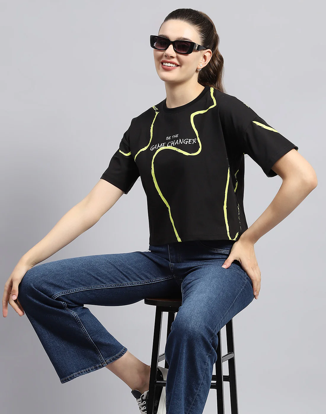 Rock.it Women Black Printed Round Neck Half Sleeve Top - Image 7