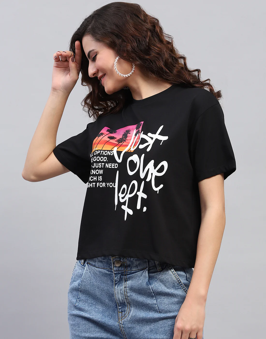 Women Black Printed Round Neck Half Sleeve Top - Image 3