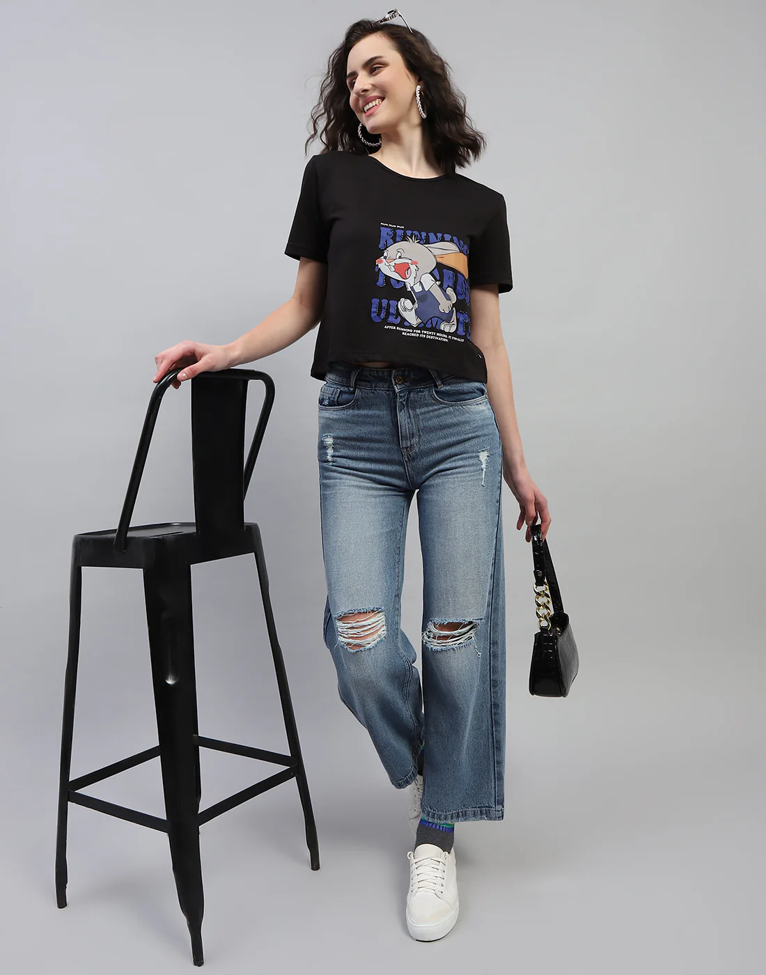 Women Black Printed Round Neck Half Sleeve Top - Image 3