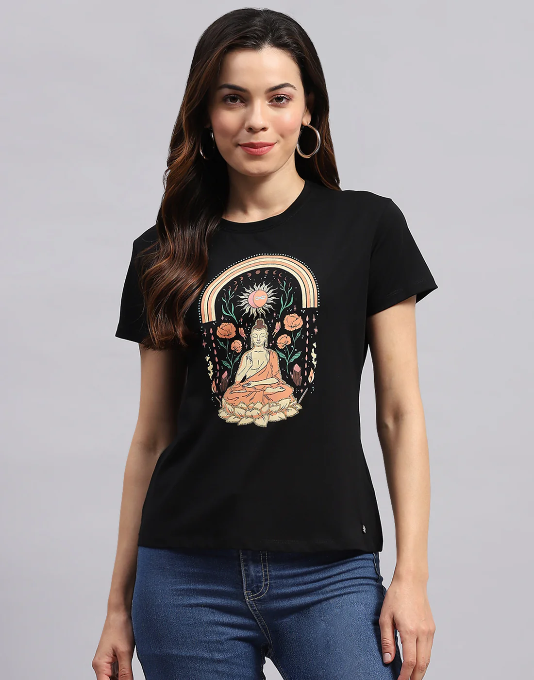 Women Black Printed Round Neck Half Sleeve Top - Image 3