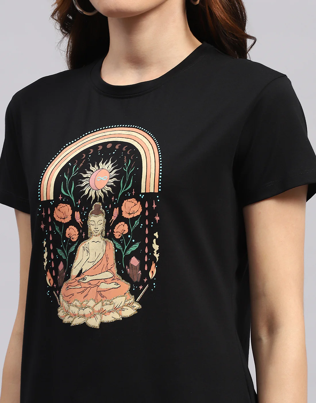 Women Black Printed Round Neck Half Sleeve Top - Image 7