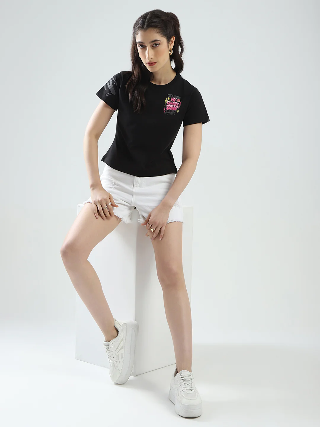 Rock.it Women Black Printed Round Neck Half Sleeve Top - Image 2
