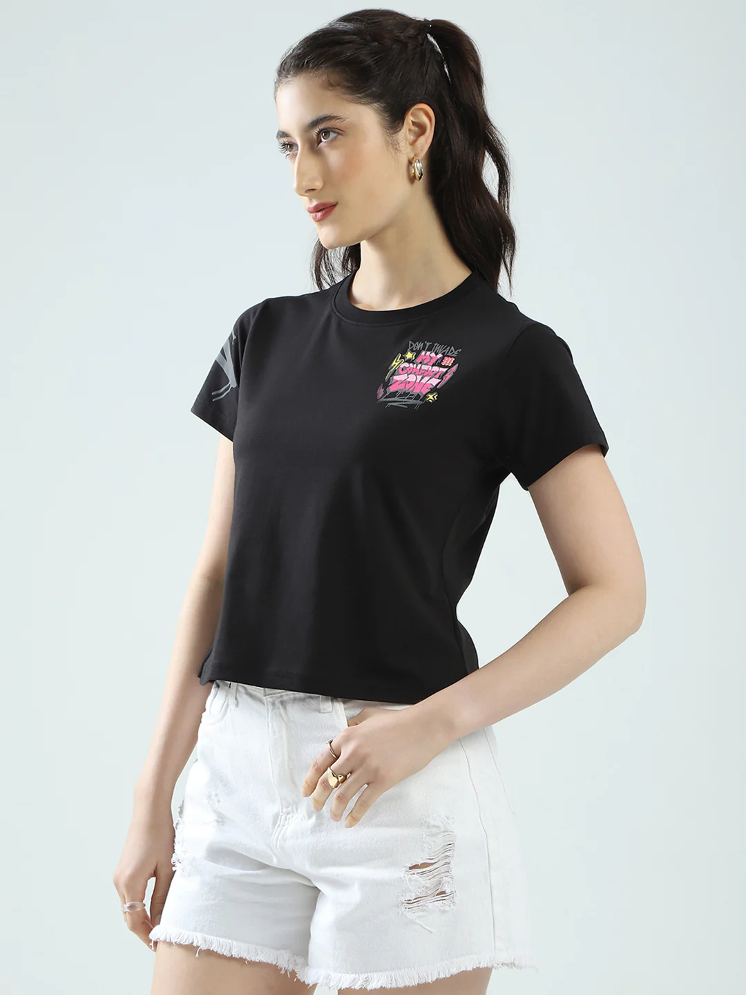 Rock.it Women Black Printed Round Neck Half Sleeve Top - Image 4
