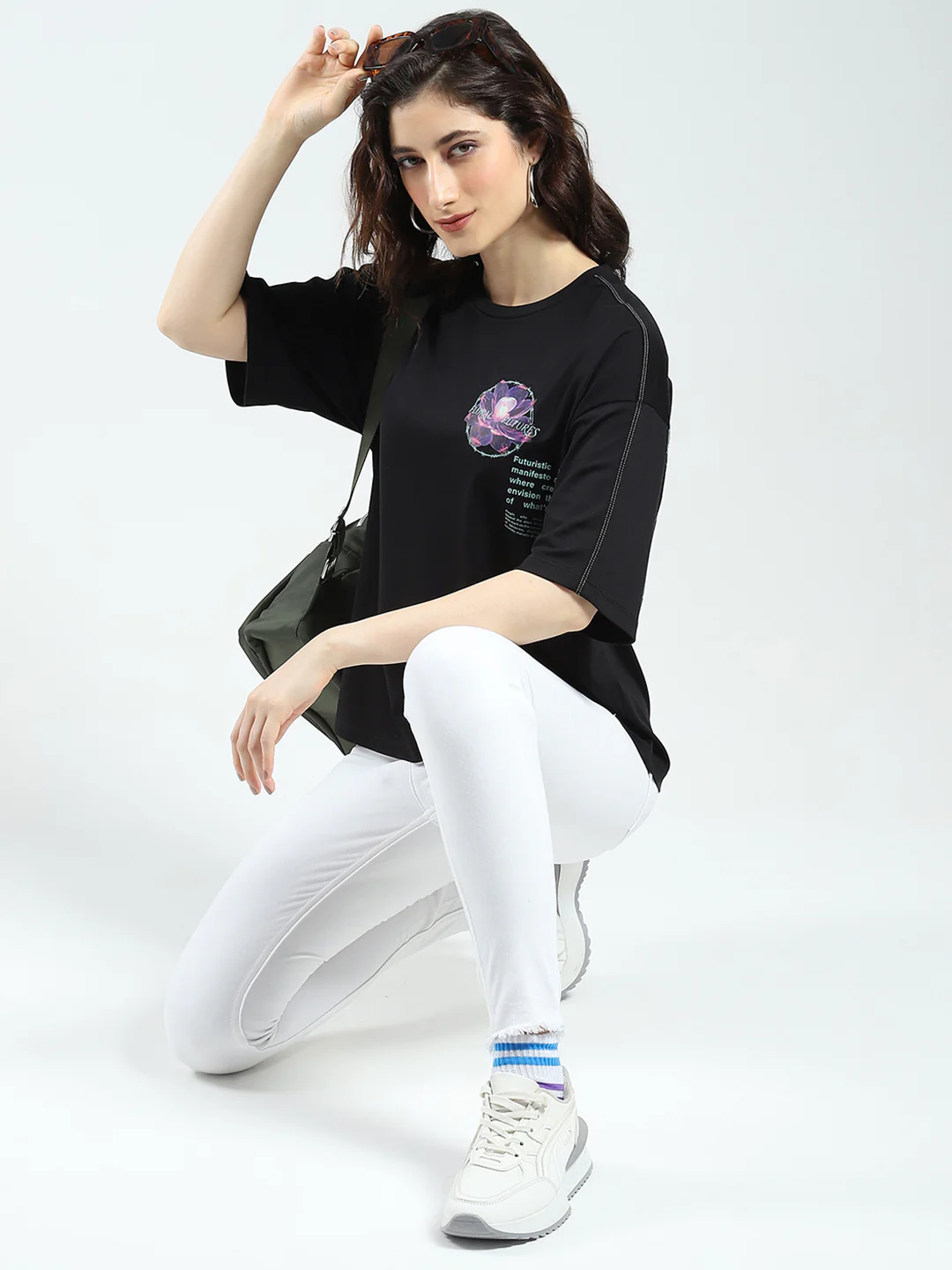 Women Black Printed Round Neck Half Sleeve Top - Image 3